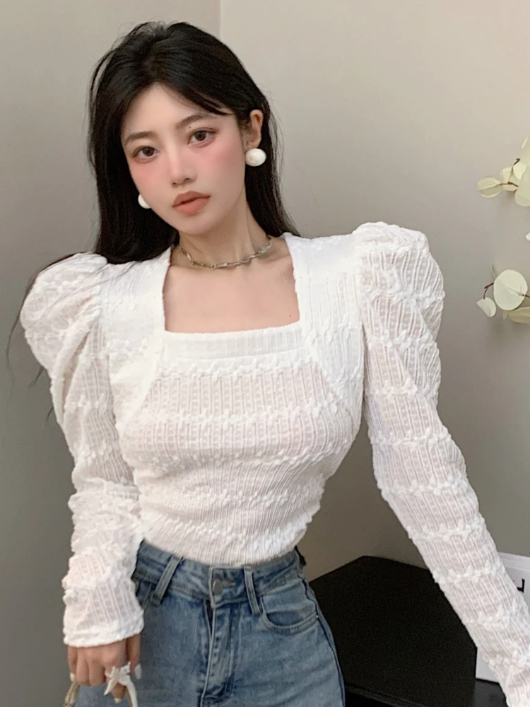 French High-End Elegant Short Long-Sleeved T-Shirt Women's Spring Age-reducing Square Collar Lace Puff Sleeve Top Base Shirt