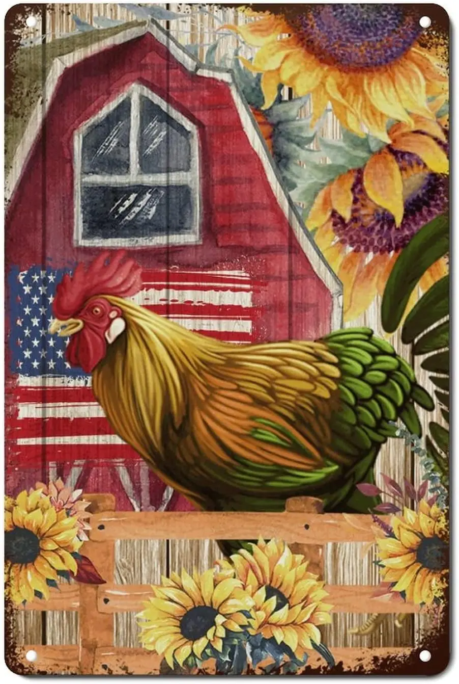 

Farm Decor Metal Tin Sign Sunflower Farm Animal Chicken Rooster Metal Tin Sign Farmhouse Barn with American Flag Metal Sign Iron