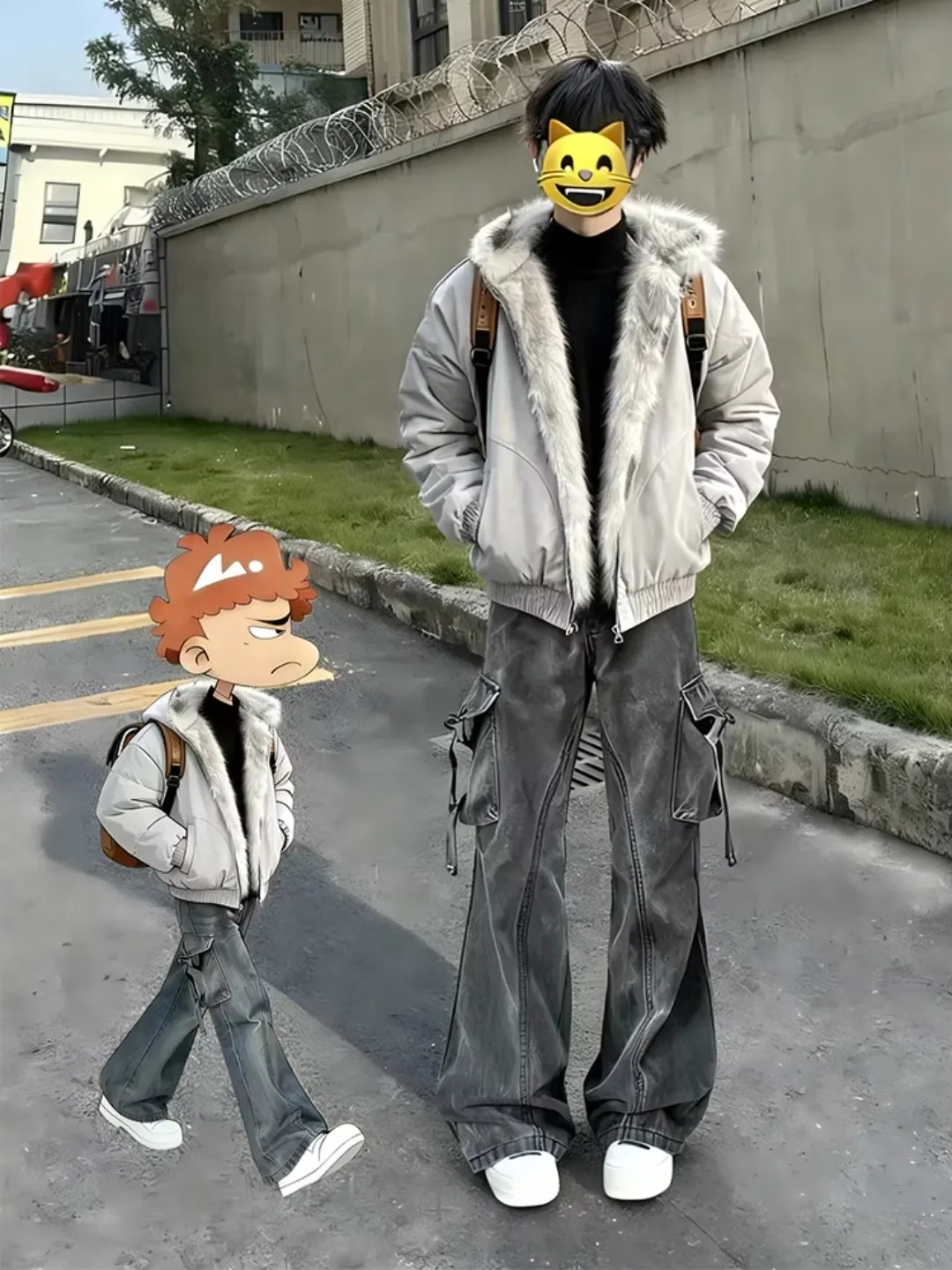 

American Sle Hooded Jaet with Fur Collar Cotton Workwear Jeans for Men Cool Winter Outfit Set Youth Long Sve Pants
