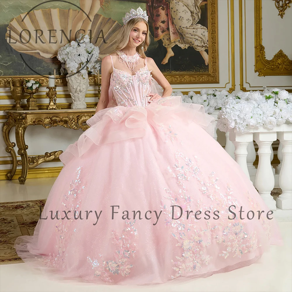 

Princess Applique Quinceanera Dresses Crystal Spaghetti Strap Ball Gowns Sweet 16 Birthday Party Customized vestidos de 15 rosa