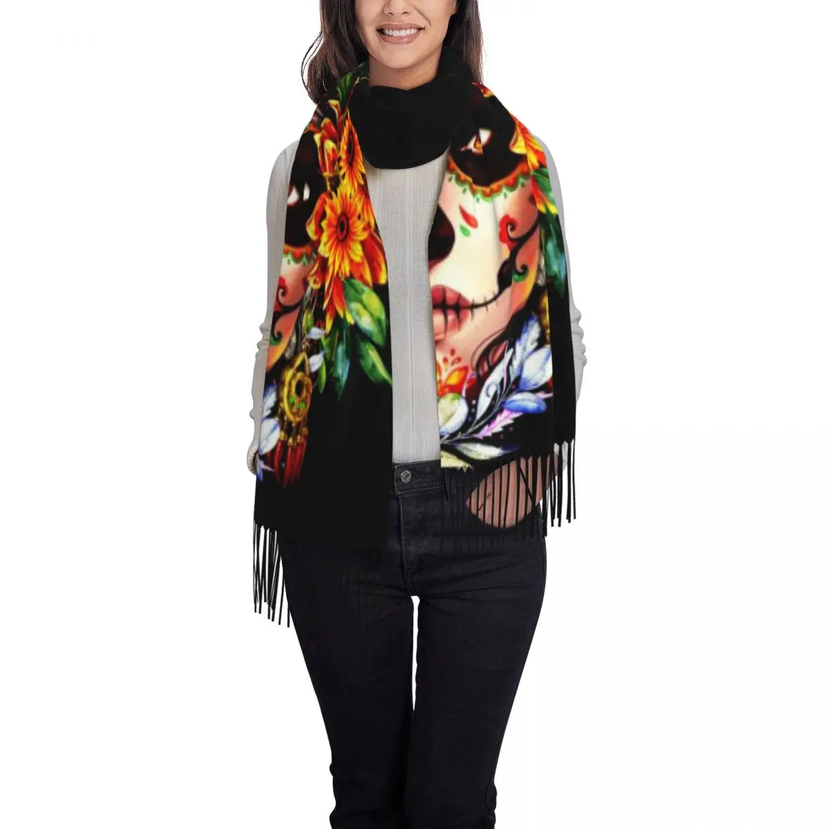 Custom Halloween Catrina Sugar Skull Tassel Scarf Women Winter Warm Shawl Wrap Lady Day Of The Dead Mexican Lady Scarves