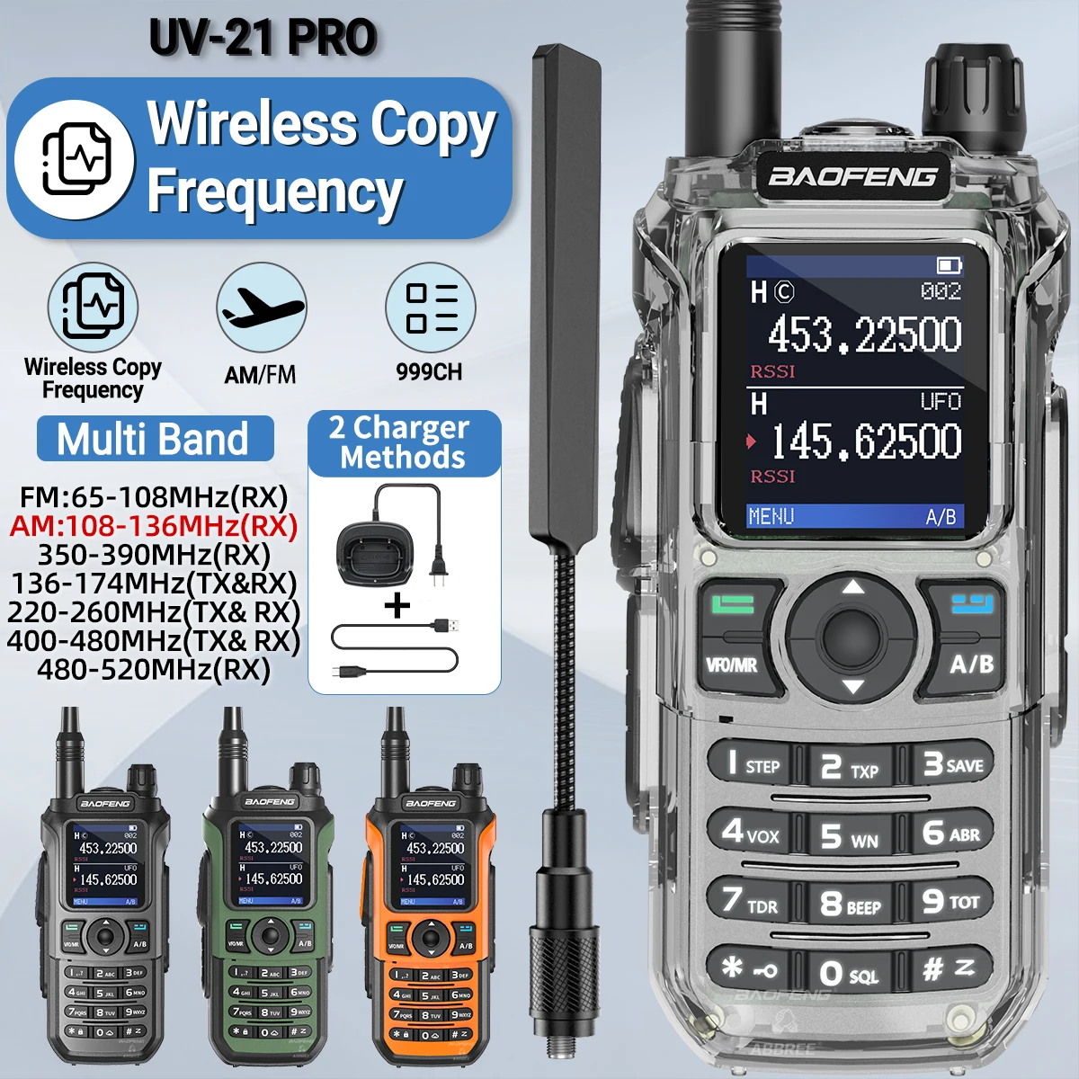 

BAOFENG UV-21 PRO Рация Беспроводная копировальная частота Высокомощное многодиапазонное зарядное устройство Type-C Обновление большого радиуса действия V2 Ham Radio