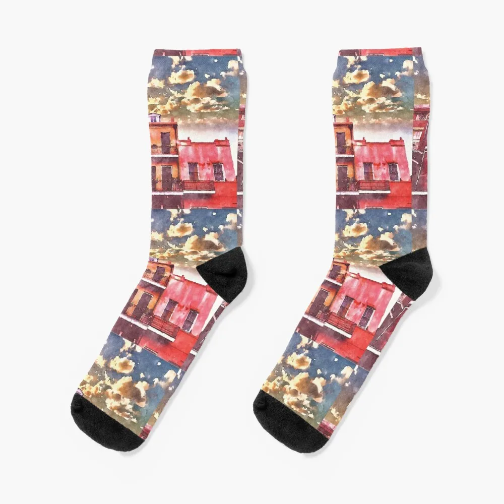 New Orleans Sunset Iconic Architecture Watercolor Painting Socks golf aesthetic Women Socks Men's