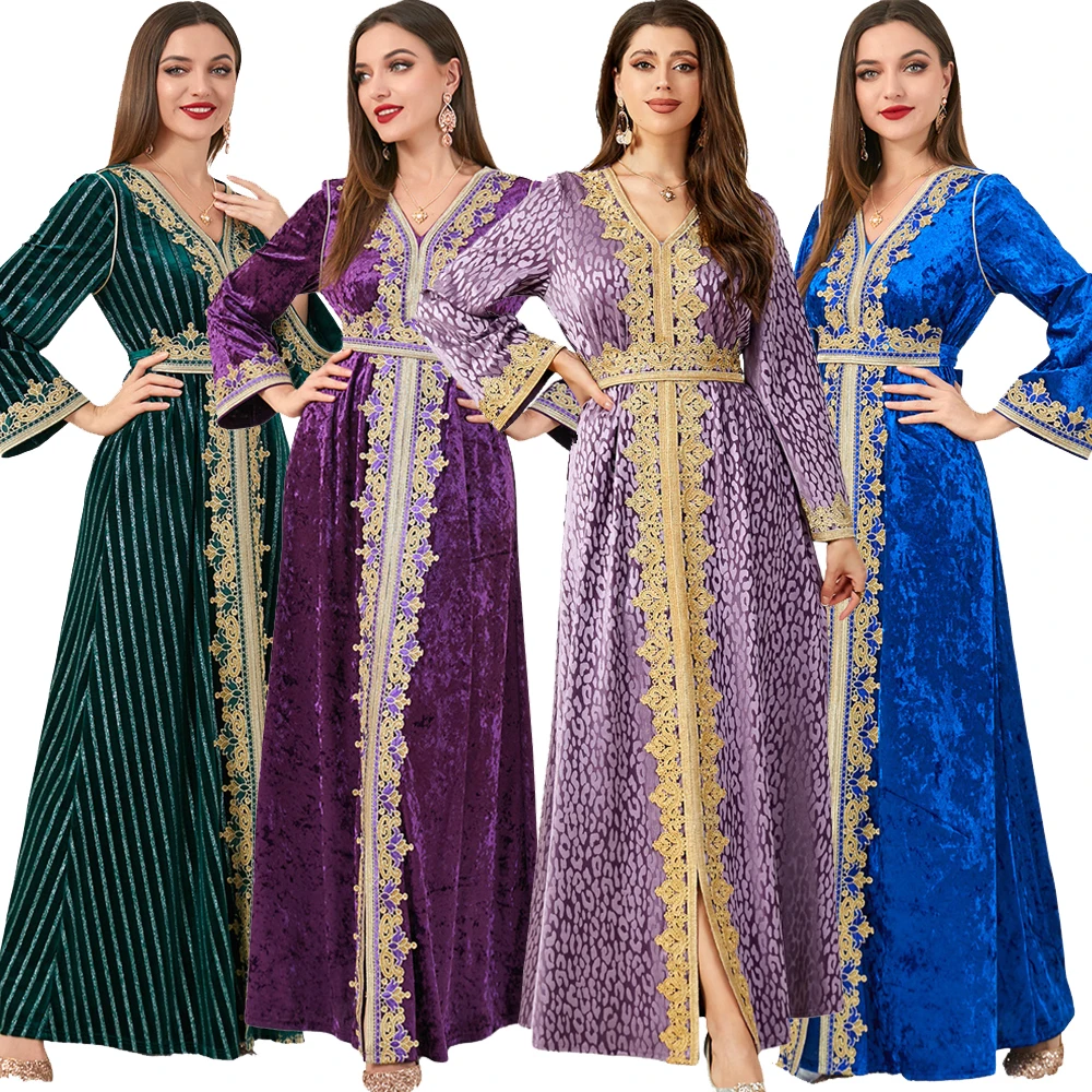 

Autumn Kaftan Arabic Long Dress for Women Lace Tape Trim Velvet Winter Muslim Party Dresses Moroccan Caftan Dubai Turkish Abaya