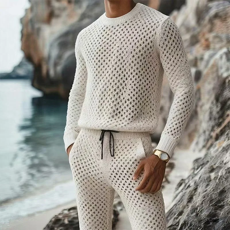 

2025 Autumnr Hollow Out Knitted Two Piece Sets Men Casual Solid Color Long Sleeve Tops and Pants Suits Mens Vintage Knit Outfits