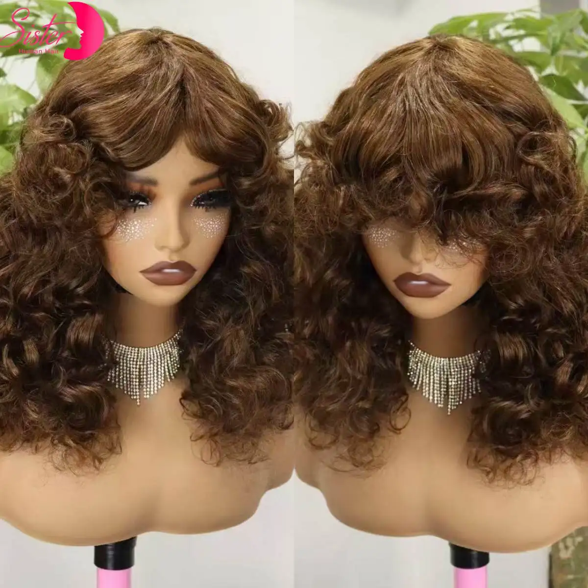 

300% Density Chocolate Brown Bouncy Curly Human Hair Wigs with Bangs 18inch Full Machine Made Loose Curly Hair Wigs for Women