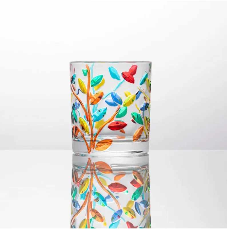 

Design By Zecchin Murano Italy Art Multi-Color Glass Liquor Tumbler Colorful Relief Hand Painted Leaf Whiskey Cup Wine Glasses