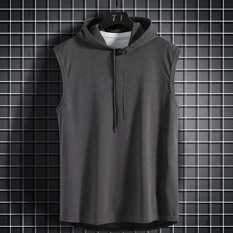 2026 Summer New Sleeveless Tank Top Men's Fashion Casual T-shirt Solid Color Hooded Strap T-shirt Hip Hop Street Sweatshirt