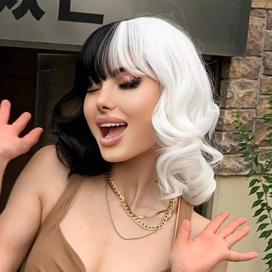 Cruella Black and White Color Wave Mid-length Hair 12 Inch with Bangs for Cosplay Hollween Party Daily Wear