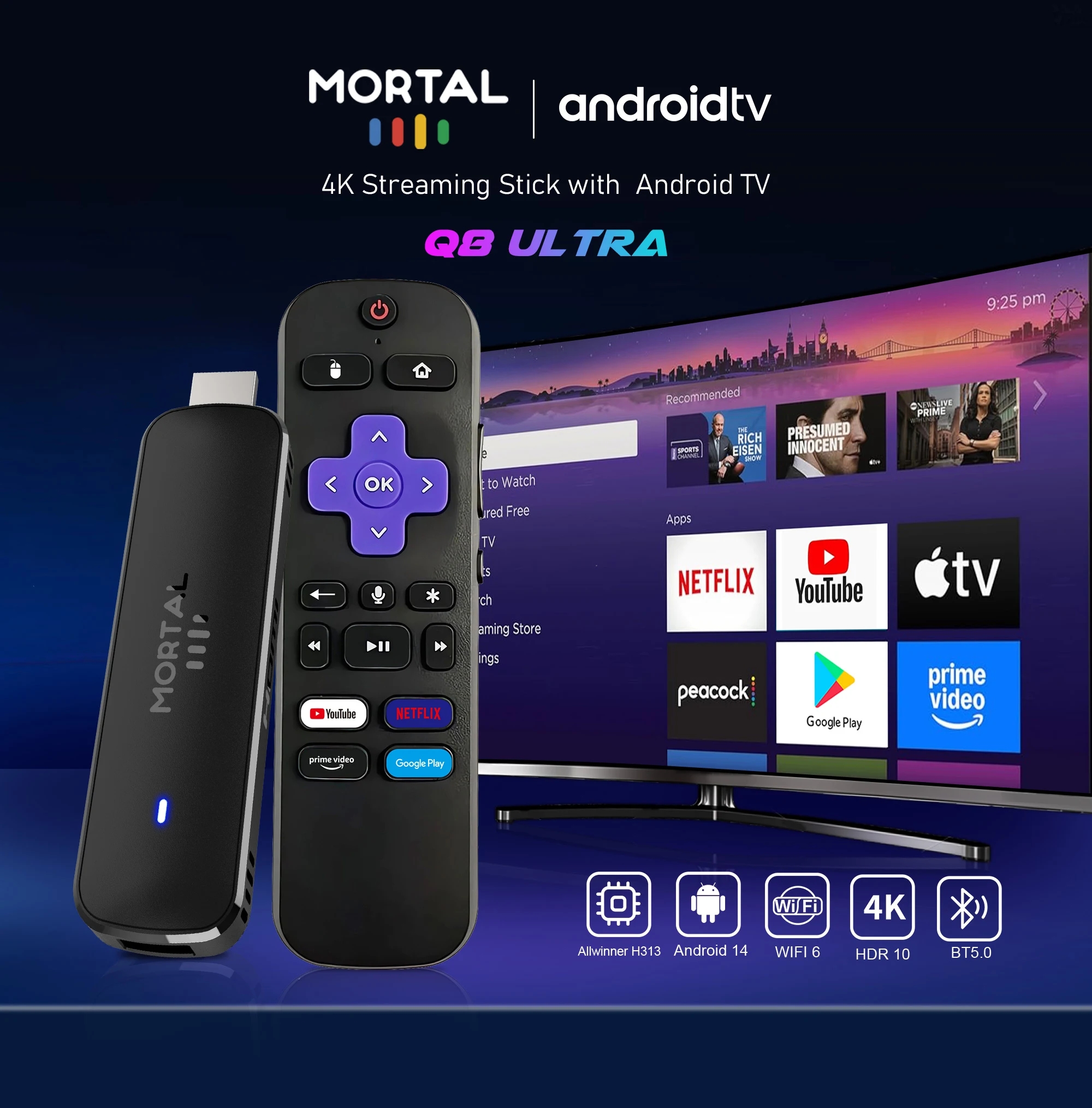 عصا التلفزيون Mortal Q8 Ultra Home Theater Live TV Stick، واي فاي 6، التحكم الصوتي 4K UHD Android 14 Allwinner H313 Chromecast