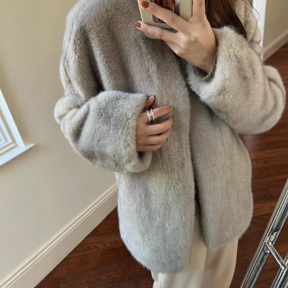 Faux Fur Coats Women V Neck Short Coat Thick Warm Jackets Y2k Streetwear Elegant Work Open Stitch Outerwear Autumn Winter Jacket