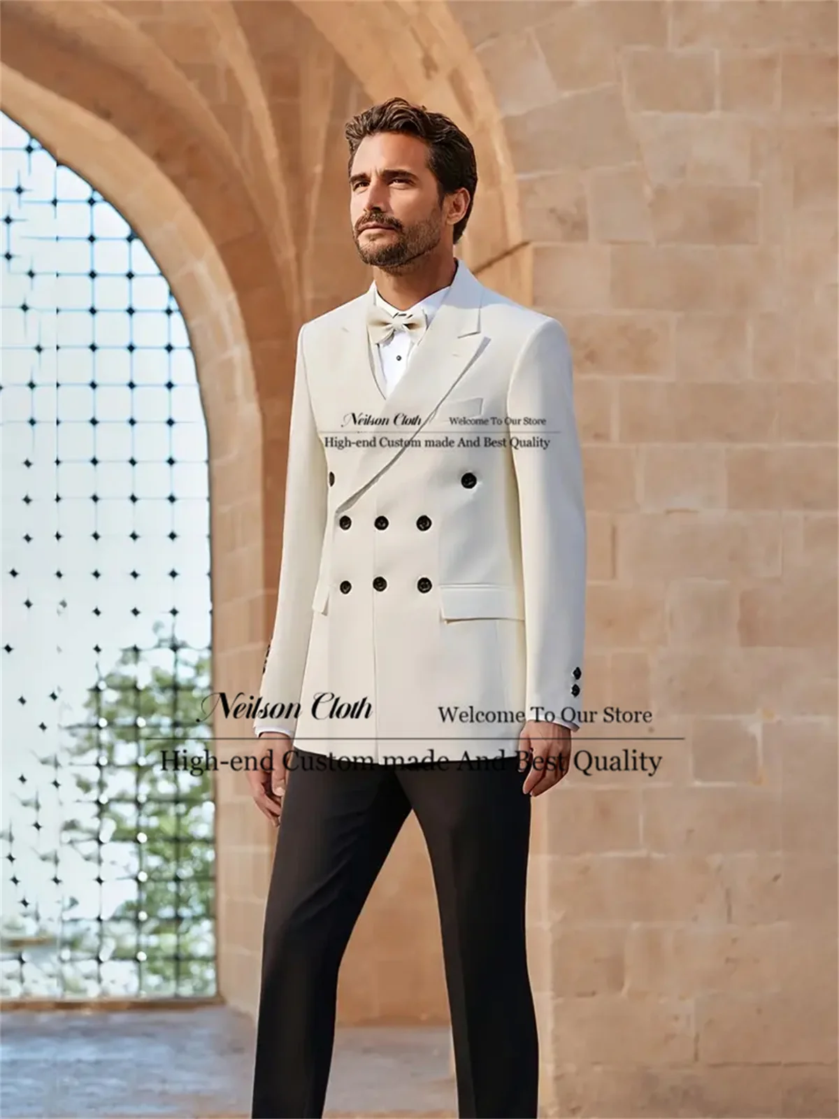 

White Jacket Male Prom Blazers 2 Pieces Sets Triple Breasted Groom Wedding Tuxedos Customized Peaked Lapel Terno Masculino