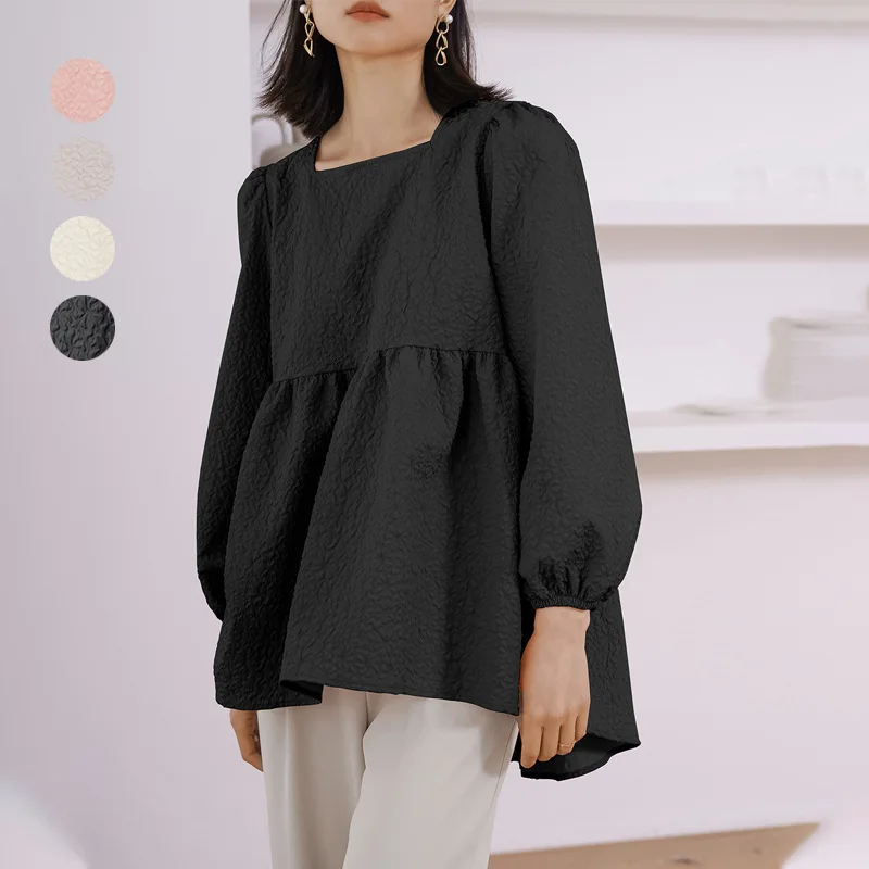 

Lotte новый женский топ с квадратным вырезом, весна-лето, рубашка с длинными рукавами и тиснением для женщин