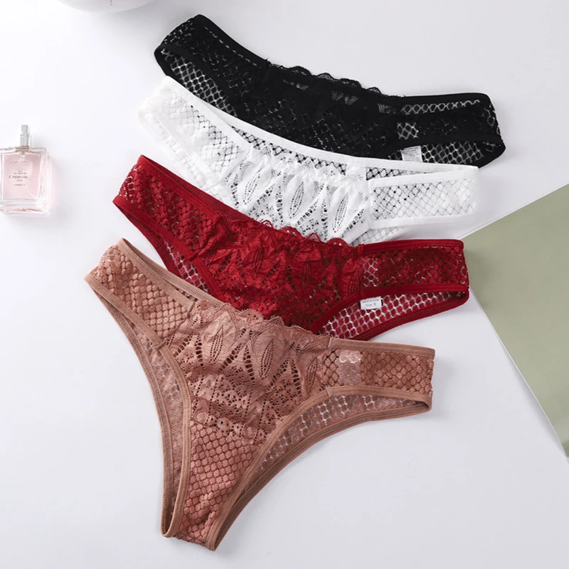 Women Lace Thong G-string Panties Low Rise Sexy Floral Hollow Out Underwear Transparent Female Underpants Lingerie Briefs S-XL