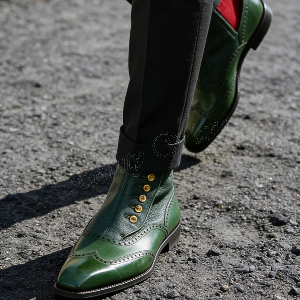 

Green Sewing Button Men Shoes Dress Ankle Boots Square Heel Slip on Round Toe High Heel Shoes for Girls Zapatos Para Hombres