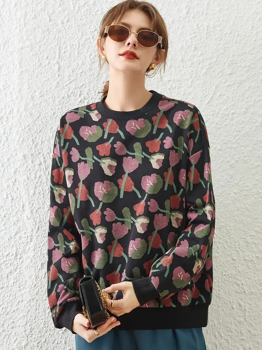 LOUIS YAO Women Sweatshirt 2024 Spring New Round Neck Long Sleeve Pullover Retro Print Flower Loose Fit Casual Tops