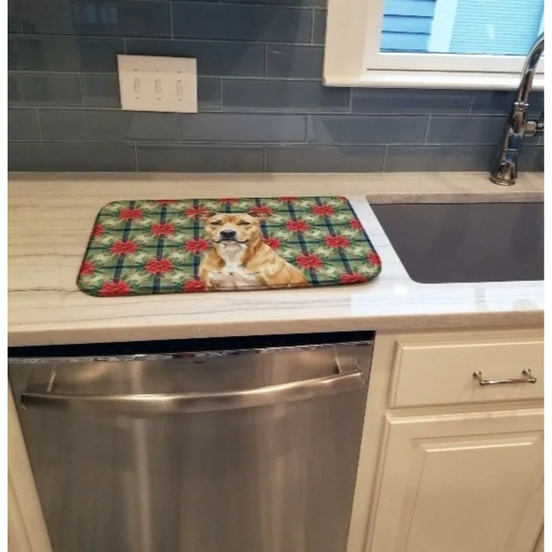 

Fawn American Staffordshire Terrier Christmas Poinsettia Dish Drying Mat 14x21" Absorbent Kitchen Counter Mat