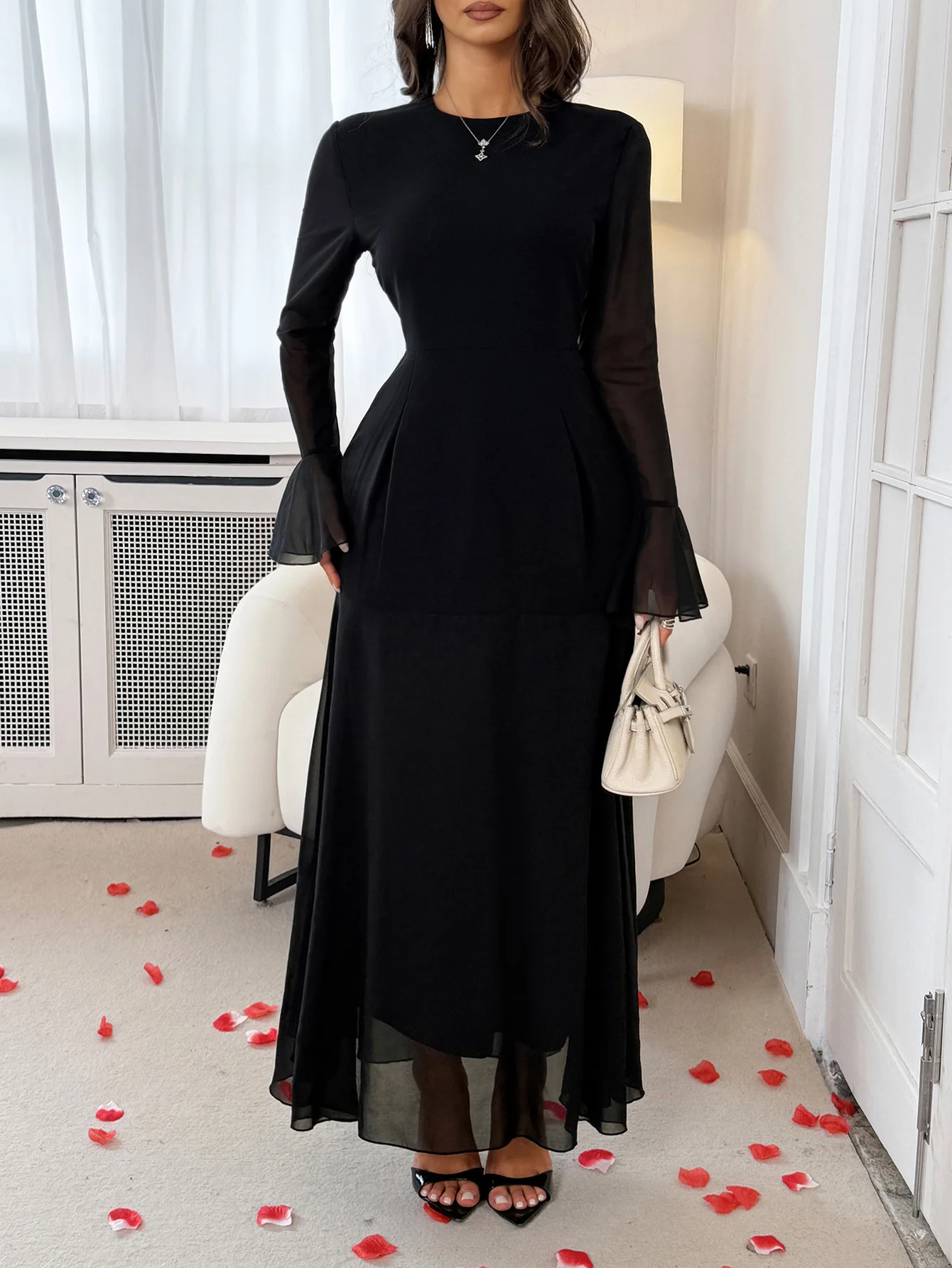 Women's Dress Black Long Sleeve Maxi Dress Flare Cuff Lace Up Back Tiered Ruffle Formal Evening Party Wedding Guest Gown - view 4