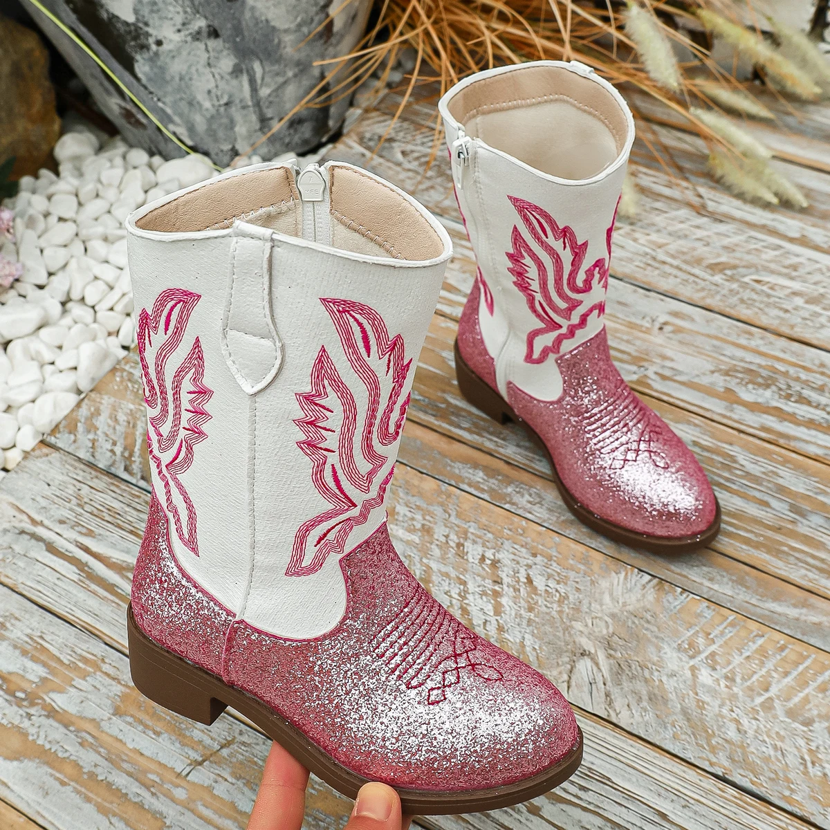 Kids Girls Pink Glitter Western Cowboy Boots, Embroidered Design, Side Zipper, Non-slip Sole for Dress-up Casual Wear Size 27-37