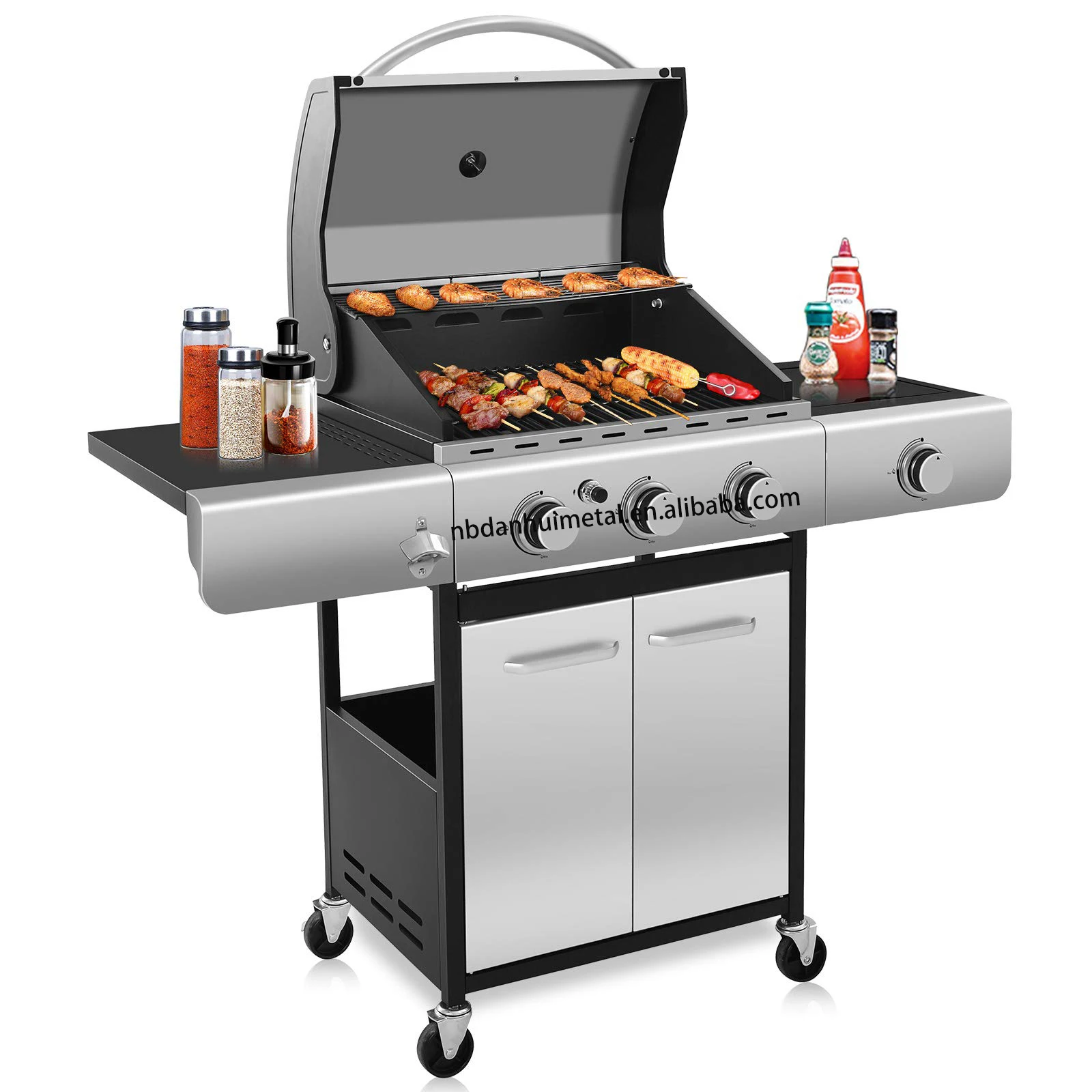 Four Burners Liquid Propane Gas Grill, BBQ Gas Grill With Stainless Steel, Gas BBQ Wagon For Outdoor Use