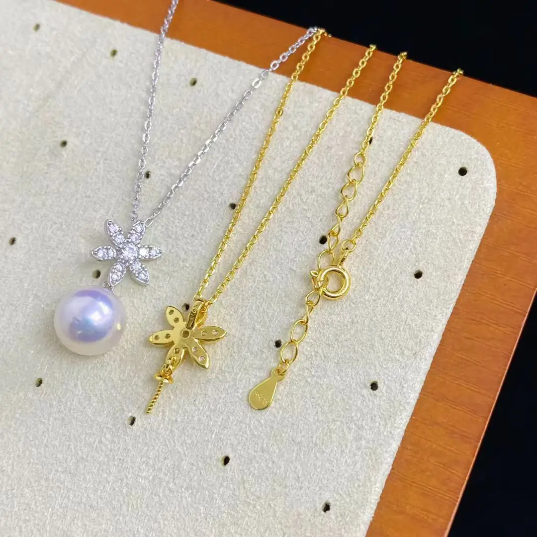 

S925 Sterling Silver Necklace Findings Jewelry Base Settings Mountings Parts Mounts for 8-12mm Pearls Stones 5pcs/lot