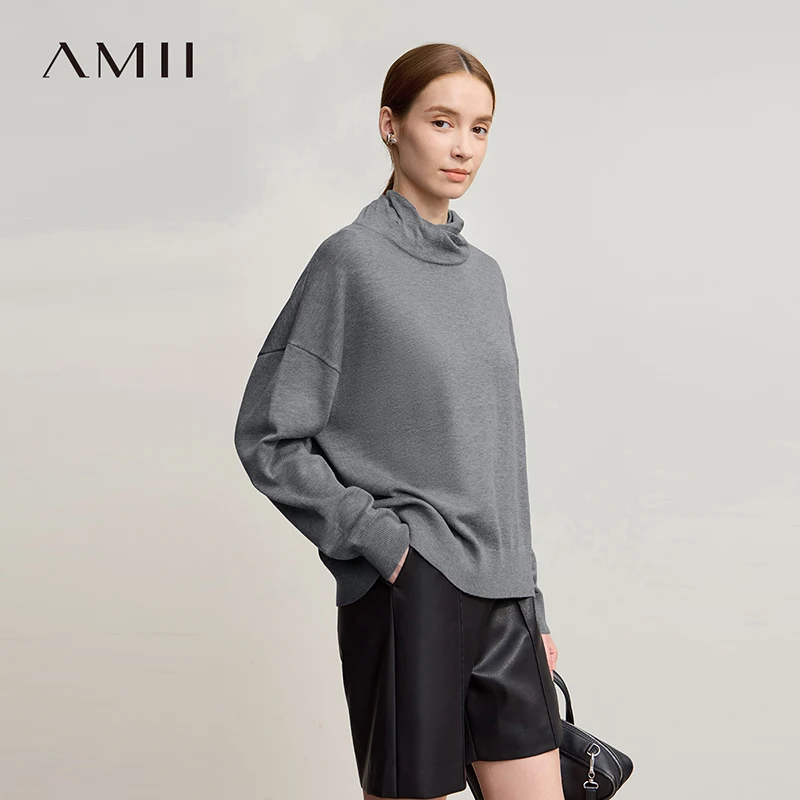 

Amii Pullover Woman 2025 Winter New Solid Color Versatile Turtleneck Long Sleeve Sweater Loose Knit Wool Sweater Women 12524067