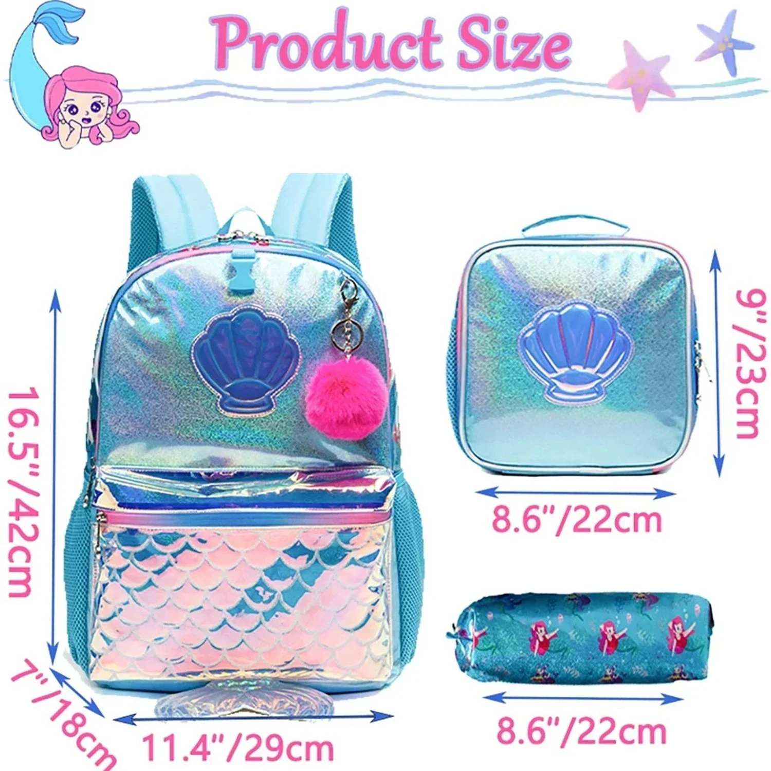 School Bags for Kids Cute Backpacks for School Primary Students Mermaid School Bags with Lunch Box Girl Book Bags