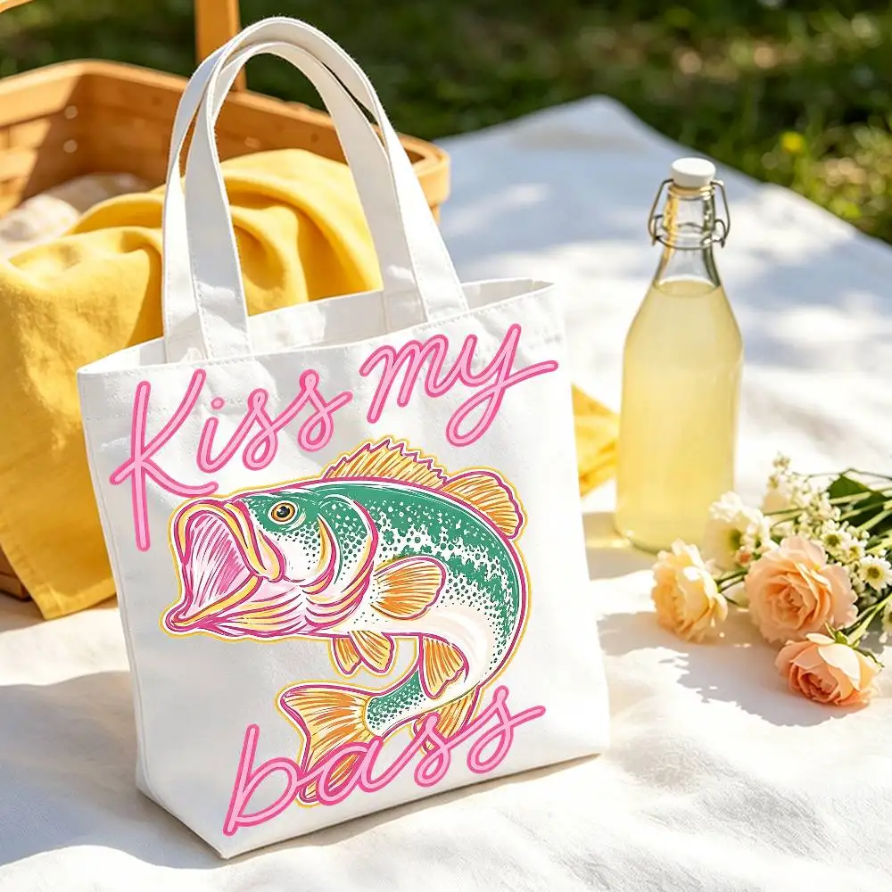 Funny Fish Canvas Tote Bag Waterproof Lining Large Capacity Reusable Shopping Bags Casual Student Daily Handbag