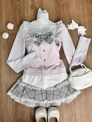 Japanese Sweet Preppy Style Skirt Set Women Kawaii Lace Patchwork Bow Tops + Y2k Plaid Mini Skirt Elegant Outifits 2 Piece Set