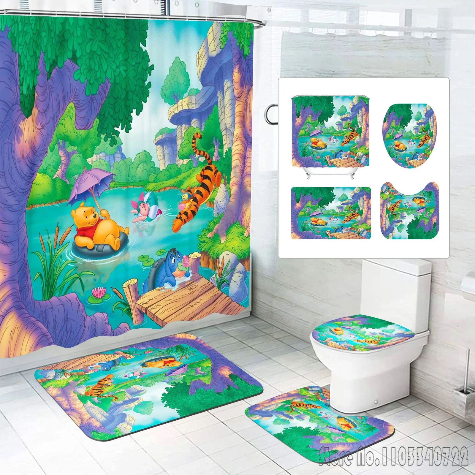 Disney Winnie Bear the Pooh Boys Cartoon Bath Shower Curtain Set 4pcs with Hooks Waterproof Bathroom Toilet Mat Lid Decor