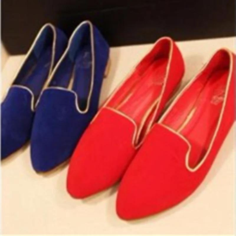 Lady Bordered Retro Flock Plain Big Sizes 48 Pointy Toe No Heels Women Single Shoes Western Fashion Summer Style Black Red Blue