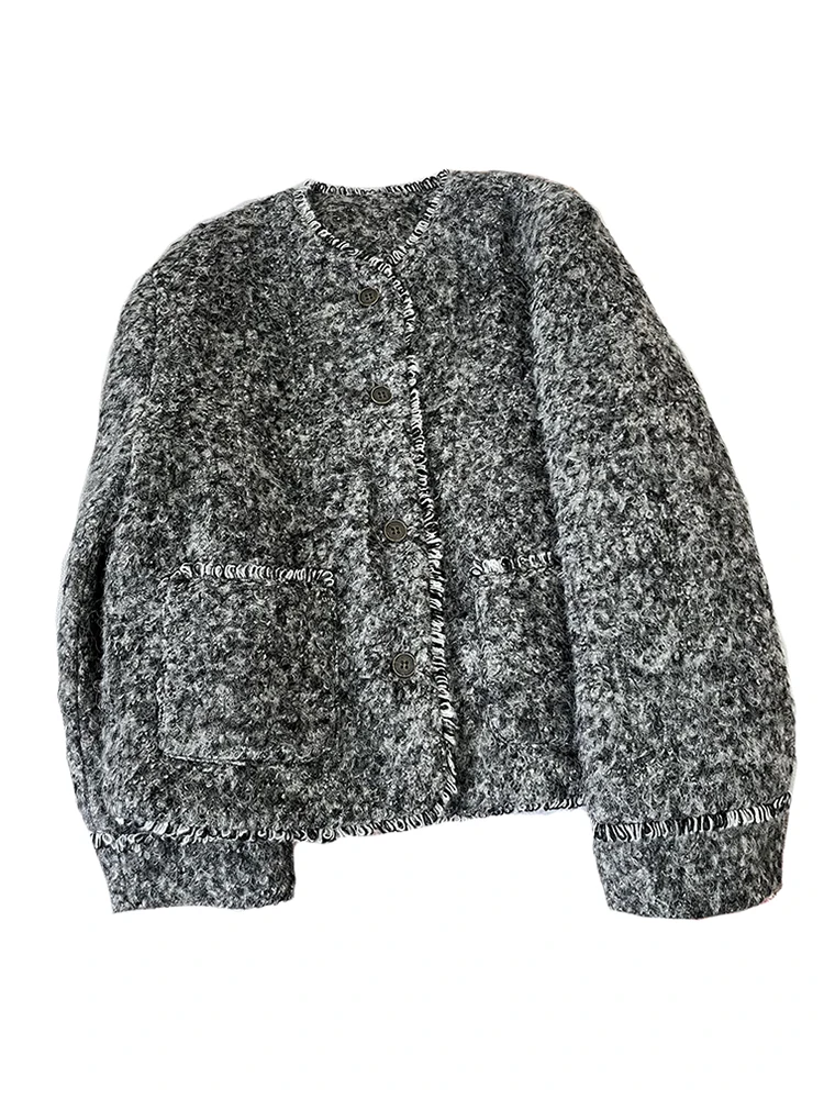 Francês em torno do pescoço jaqueta feminina cinza todos os jogos casacos de lã inverno solto moda rua casaco grosso