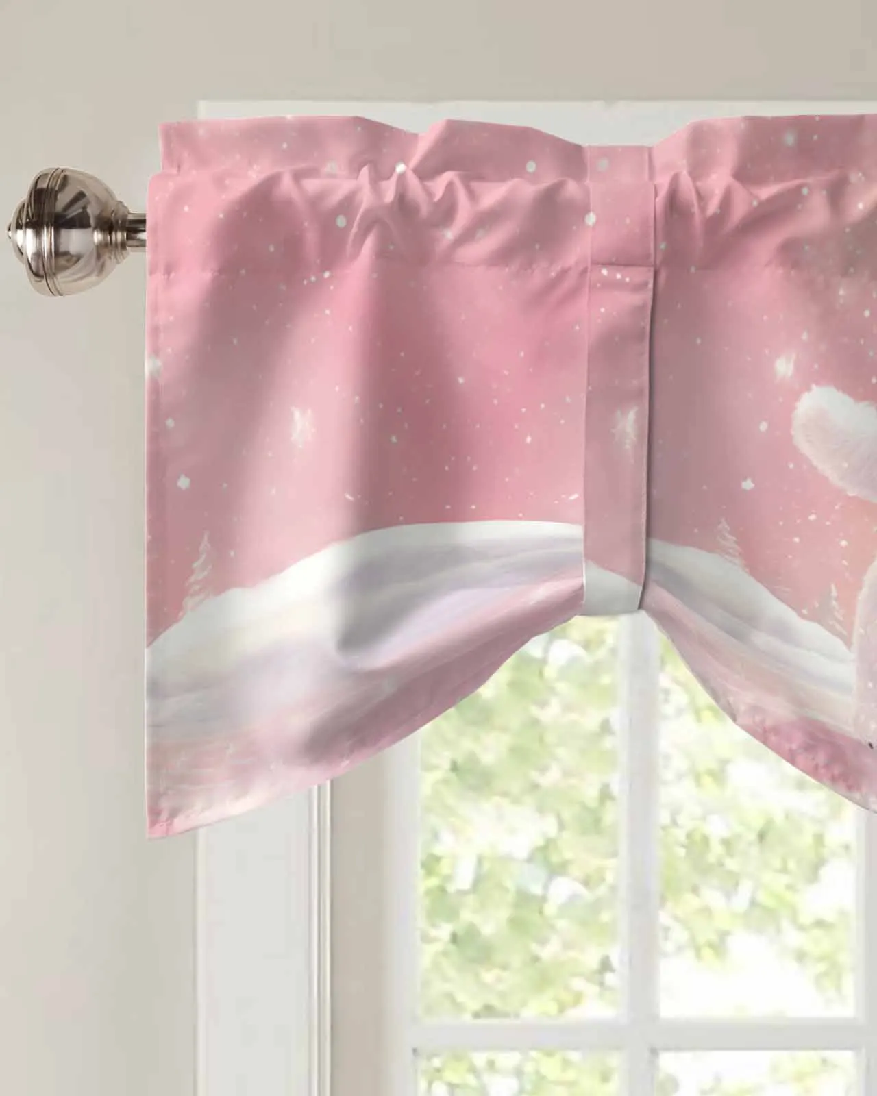 Christmas Pink White Bear Penguin Short Window Curtain Kitchen Cafe Cabinet Door Tie up Valance Bedroom Small Drapes Home Decor