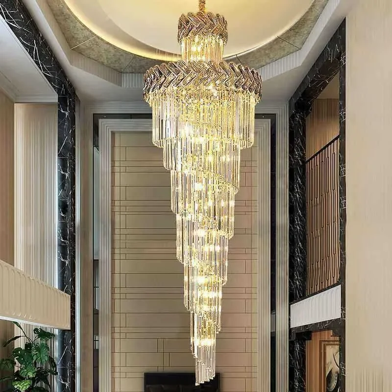 Stair long chandelier, villa rotating crystal lamp, light luxury high-end duplex building