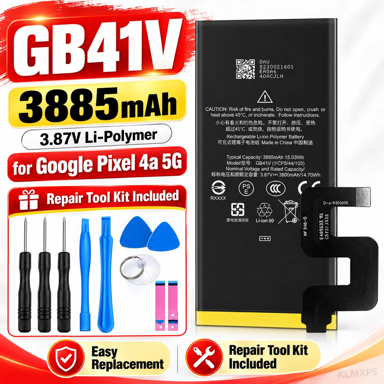 GB41V 3885mAh Battery Replacement for Google Pixel 4a 5G US Version Li Polymer Battery with Repair Tool Kit