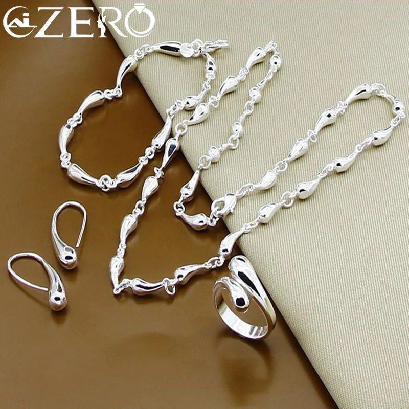 ALIZERO 925 Sterling Silver Water Drop Chain Necklace Bracelet Earrings Ring Set for Women Wedding Engagement Party Jewelry