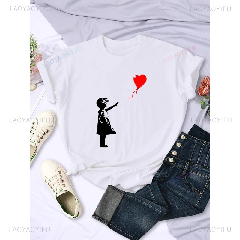 LetS Fly Love بالونات يطبع المرأة التي شيرت لينة تنفس قصيرة الأكمام الشارع الهيب هوب الاتجاه بلايز عادية تنفس الإناث تيز
