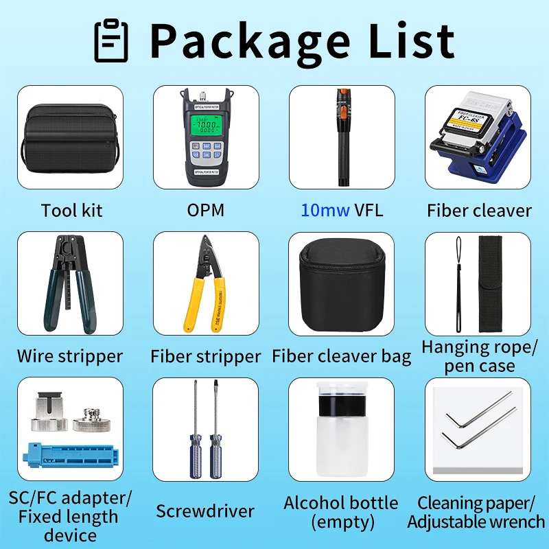 FTTH Fiber Optic Tool Kit With AUA-Y710A Optical Power Meter 10MW Visual Fault Locator FC-6S Fiber Cleaver CFS-3 Fiber Stripper