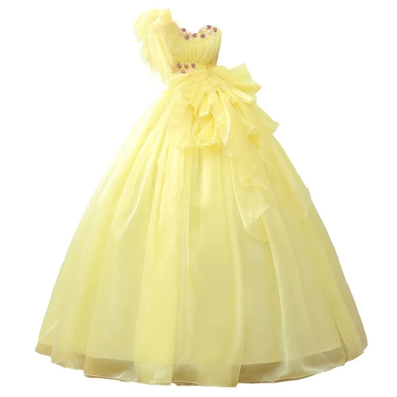 

Ashely Alsa Simple Yellow Prom Dresses Sweet 16 Year Girl One Shoulder Ruffle Bow Ball Gown Vestido De 15 Anos Quinceanera Dress