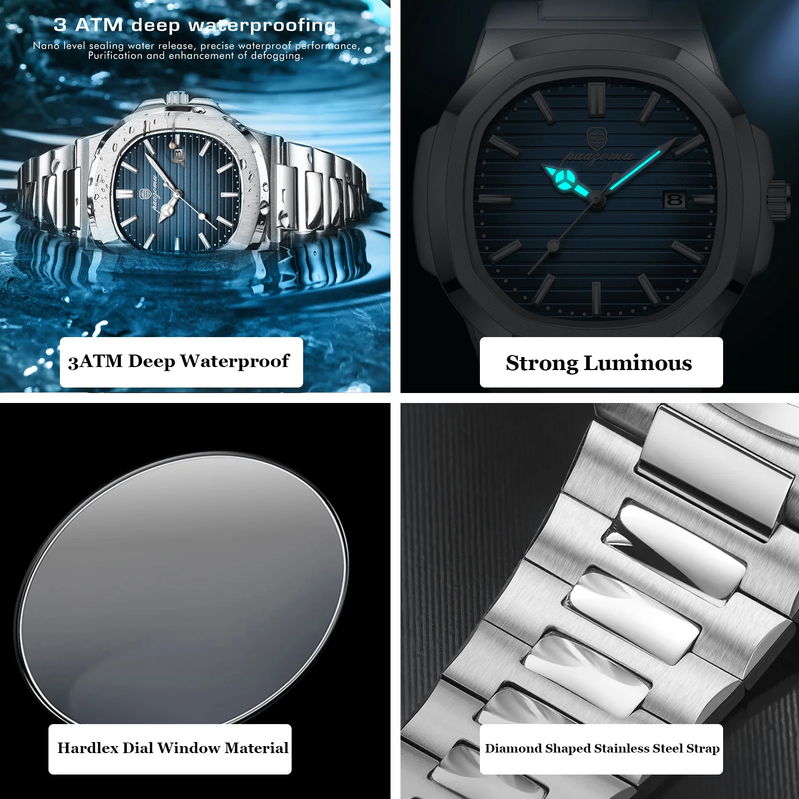 202 New PENGAGAR Luxury Watch Business Waterproof Male Clock Luminous Date Stainless Steel Square Quartz Men Watch reloj hombre