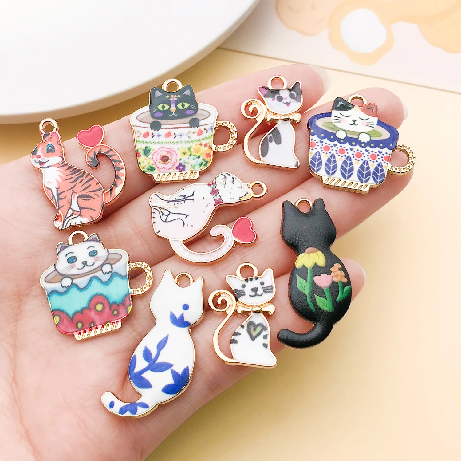 20pcs Cute Printed Cat Charms for DIY Jewelry Making