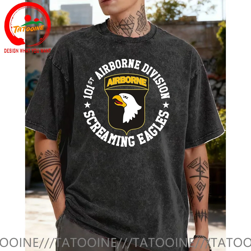 

Ретро Винтажная стираная хлопковая футболка армии США 101-я воздушно-десантная футболка с орлом Мужская модная модная повседневная одежда футболка в стиле хип-хоп