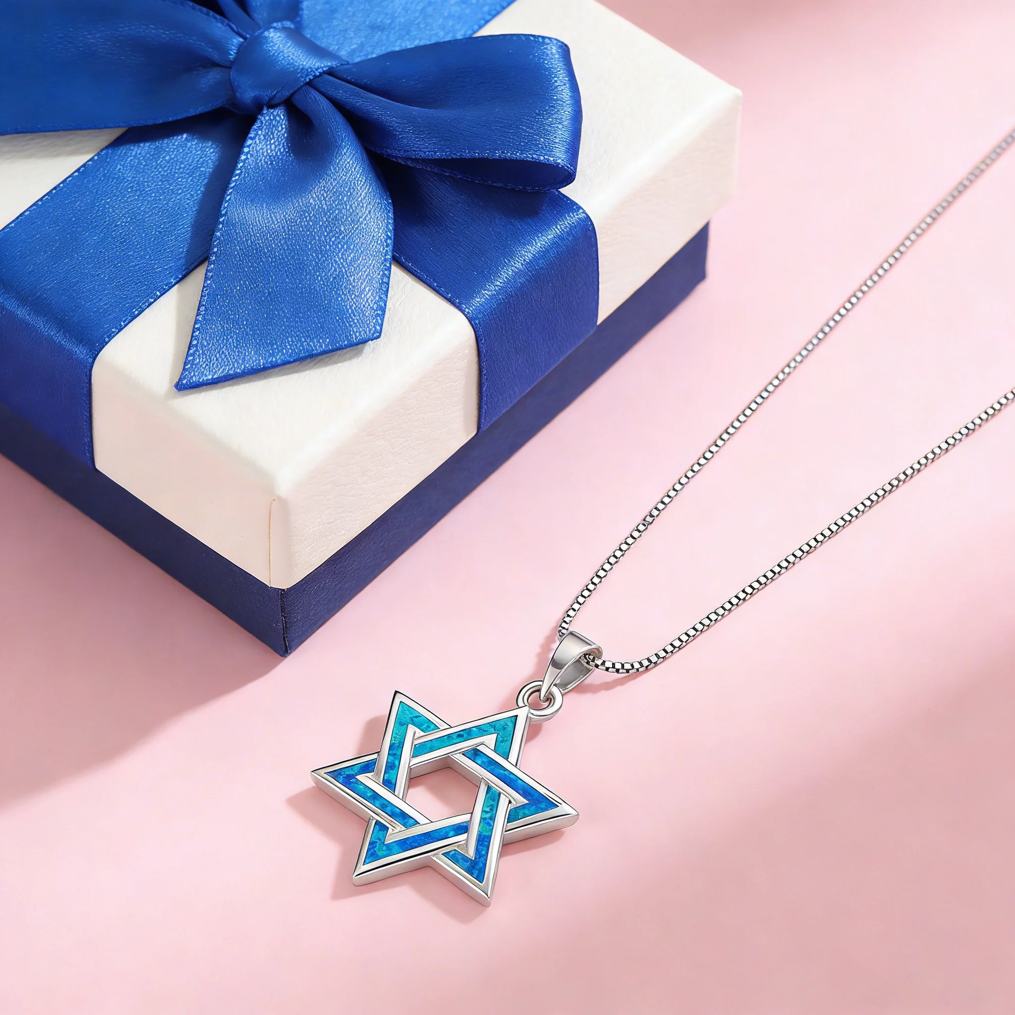 Blauer Feueropal-Halskette mit Davidstern-Anhänger, weißer K-plattierter jüdischer Schmuck, Unisex Judaica-Geschenk, Heilkristall-Halsband als Geschenk für – Detail 8