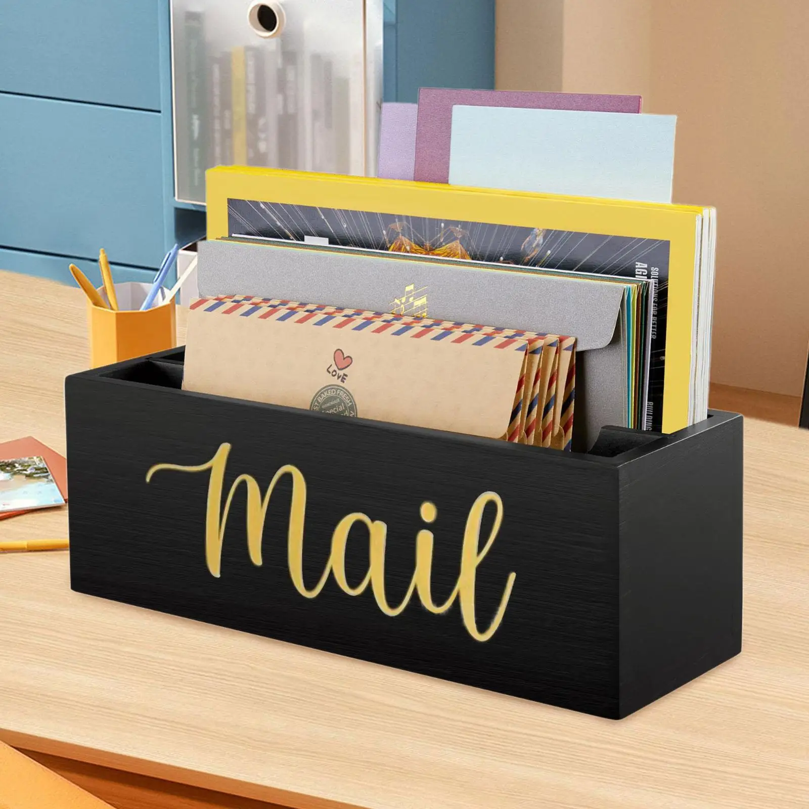 Mail Holder Box, Mail Basket, Rustic Envelope Tray Basket with Divider, Letter Holder for Counter, Farmhouse