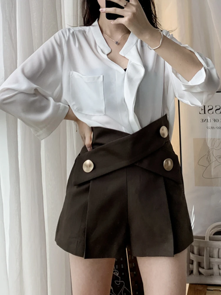 TWOTWINSTYLE Minimalist Cross Shorts For Women High Waist Plus Size Casual Loose Wide Leg Short Female 2022 Summer Fashion New