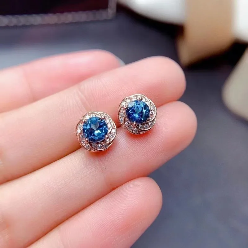 Classic New In Circle Blue Gem earrings for women Gentle high-level Shiny Flower Red stud earings Party Banquet Jewelry