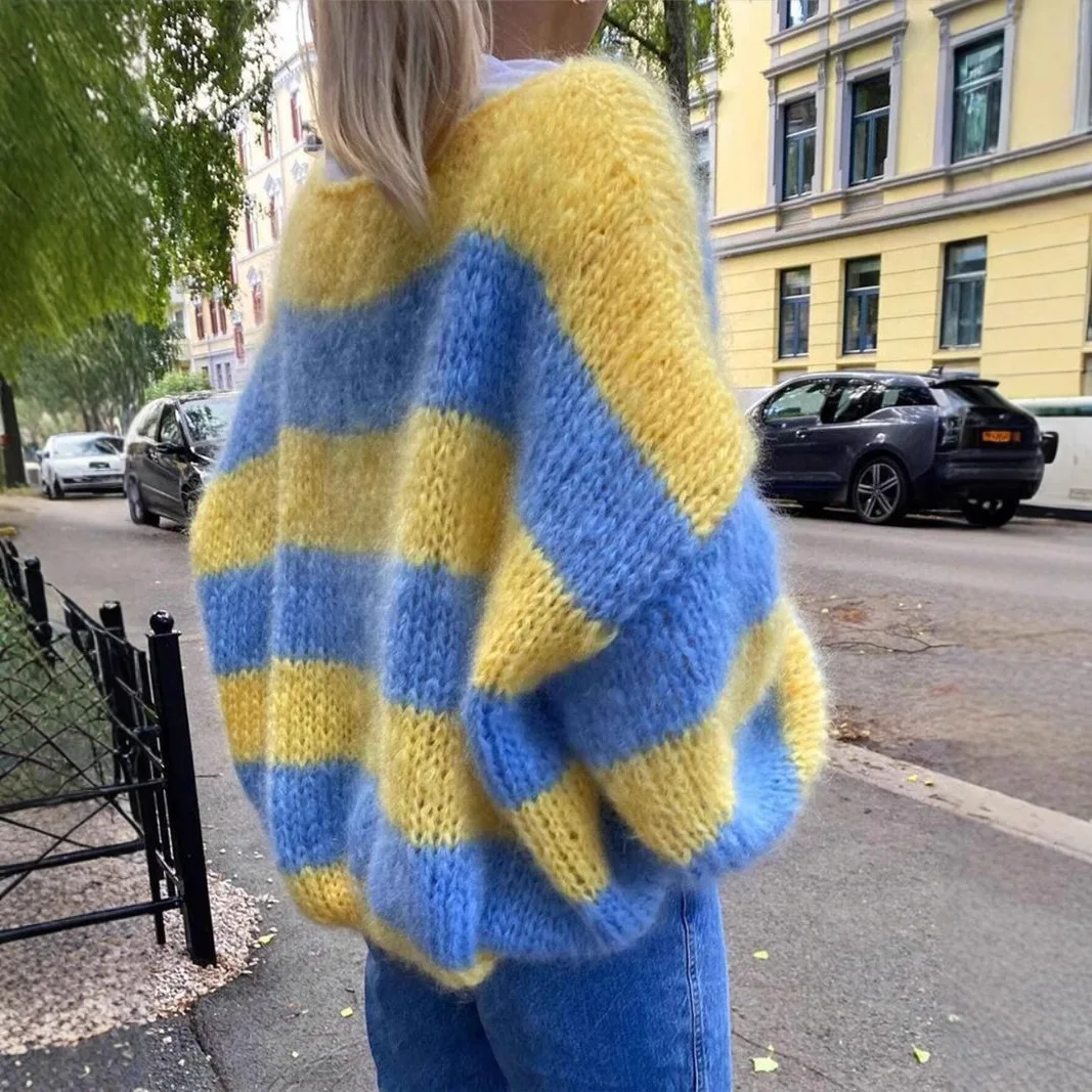 Casual Blue & Yellow Striped Knit Pullover Femmes Loose Simple Sweater Comfortable Knitted Pullover Contrast Striped Knitwears
