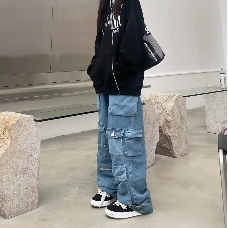 韓国ポケット固体オーバーオールジーンズ女性の Y2K ストリートレトロルーズワイドレッグオーバーオールカップルカジュアルモップジーンズパンツ女性 Y2k