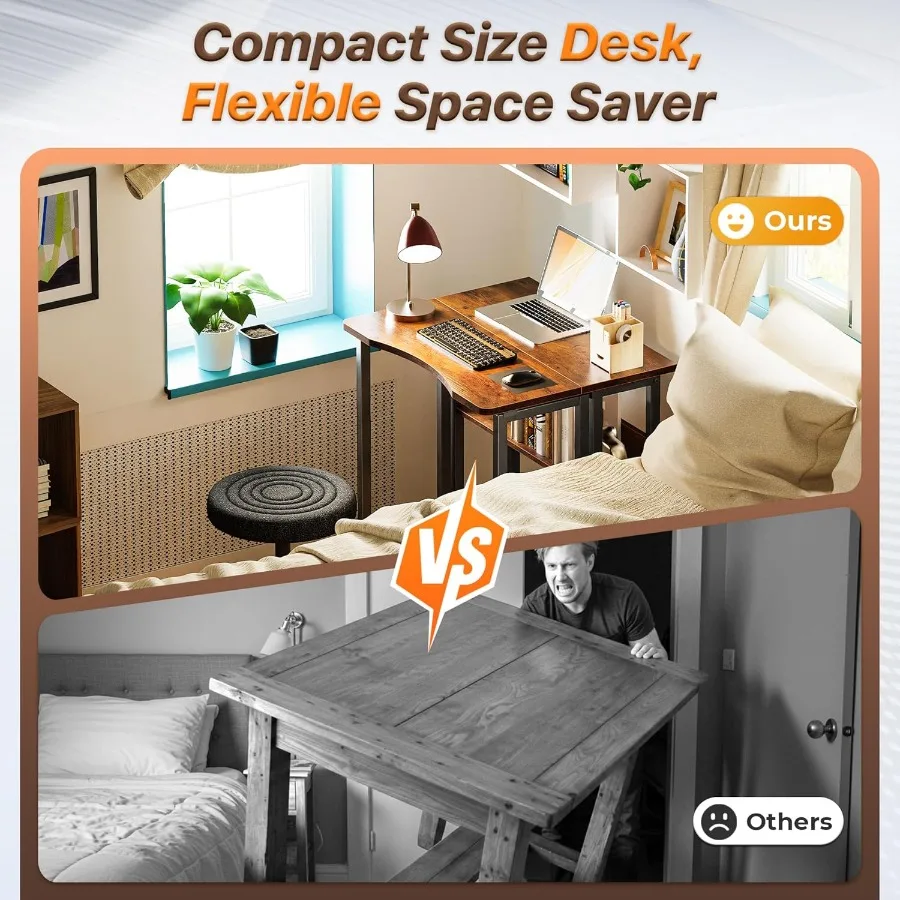 Bureau pliant avec étagère de rangement, Table d'ordinateur pliable de 23.6 pouces pour petits espaces, Table de canapé peu encombrante pour canapé d'écriture Wo