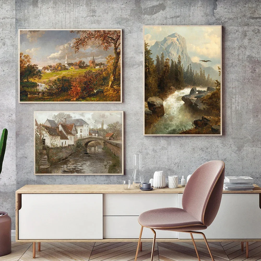 Canvas Painting Nordic Autumn Rural Farmhouse Forest Mountain River Landscape Retro Print Wall Art Picture Home Decor Wall Decor